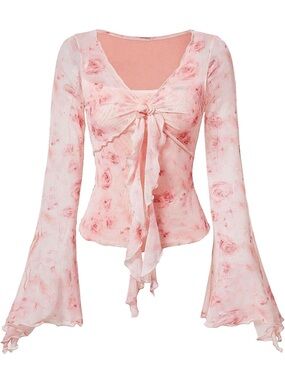 Y2K Light Pink Floral Tie-Front Long Sleeve Top